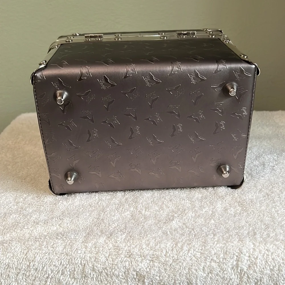 Designer Inspired Train Case With Silver Fabric With Shoe Detail Metal Clasp